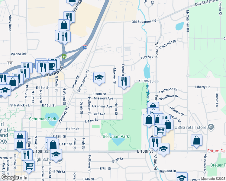 map of restaurants, bars, coffee shops, grocery stores, and more near 1803 Maxwell Street in Rolla