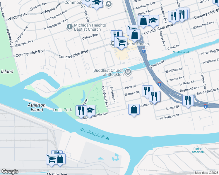 map of restaurants, bars, coffee shops, grocery stores, and more near 2922 Shimizu Drive in Stockton