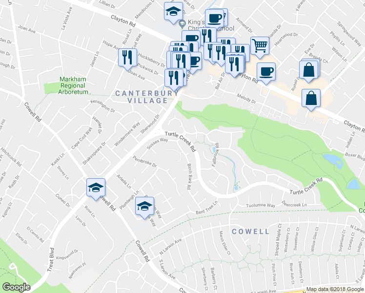 map of restaurants, bars, coffee shops, grocery stores, and more near 4331 Birch Bark Road in Concord