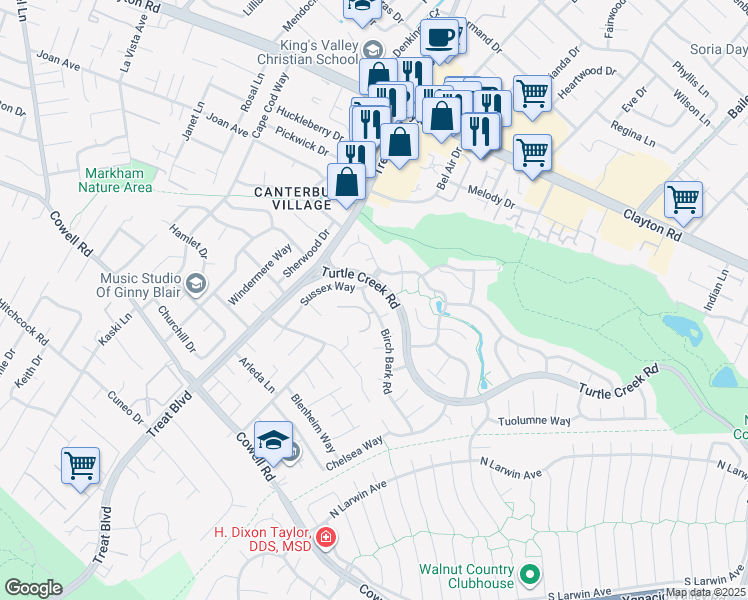 map of restaurants, bars, coffee shops, grocery stores, and more near 4331 Birch Bark Road in Concord