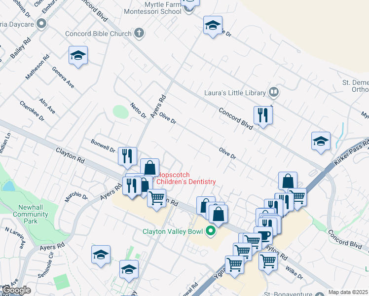 map of restaurants, bars, coffee shops, grocery stores, and more near 5182 La Corte Bonita in Concord