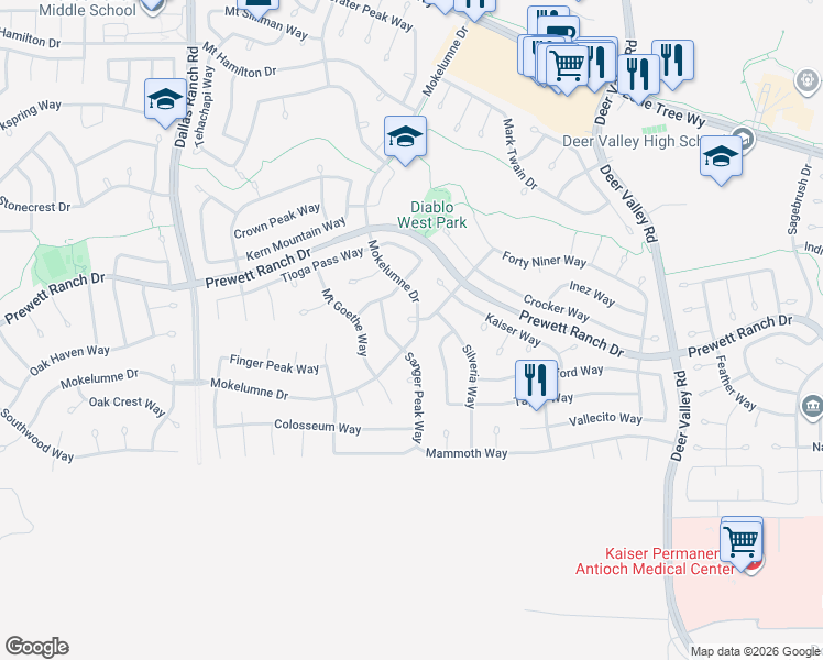 map of restaurants, bars, coffee shops, grocery stores, and more near 2083 Mount Oso Court in Antioch