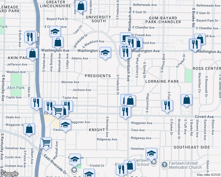 map of restaurants, bars, coffee shops, grocery stores, and more near 1807 Monroe Avenue in Evansville