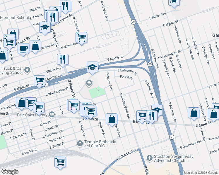 map of restaurants, bars, coffee shops, grocery stores, and more near 213 Rendon Avenue in Stockton