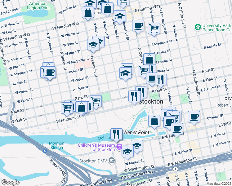 map of restaurants, bars, coffee shops, grocery stores, and more near in Stockton