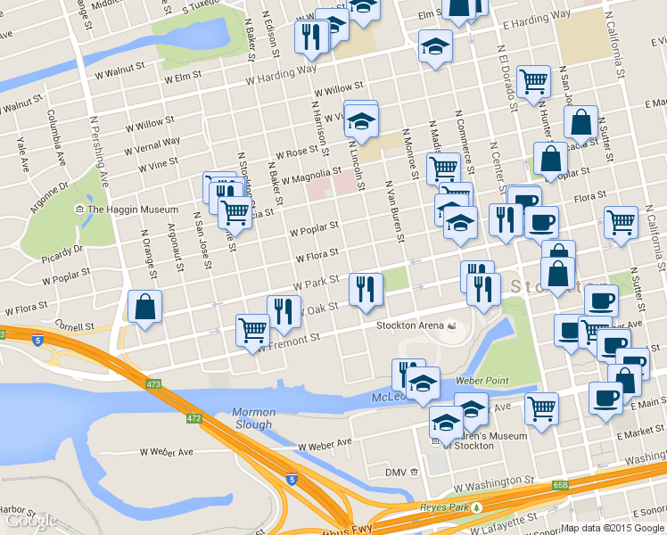 map of restaurants, bars, coffee shops, grocery stores, and more near 635 West Flora Street in Stockton