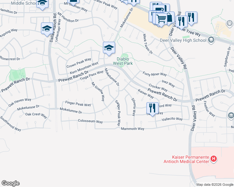 map of restaurants, bars, coffee shops, grocery stores, and more near 2083 Mount Oso Court in Antioch
