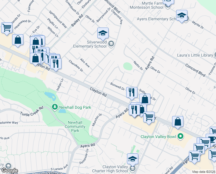 map of restaurants, bars, coffee shops, grocery stores, and more near 1525 Heather Drive in Concord
