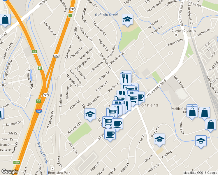 map of restaurants, bars, coffee shops, grocery stores, and more near 1892 Premier Place in Concord