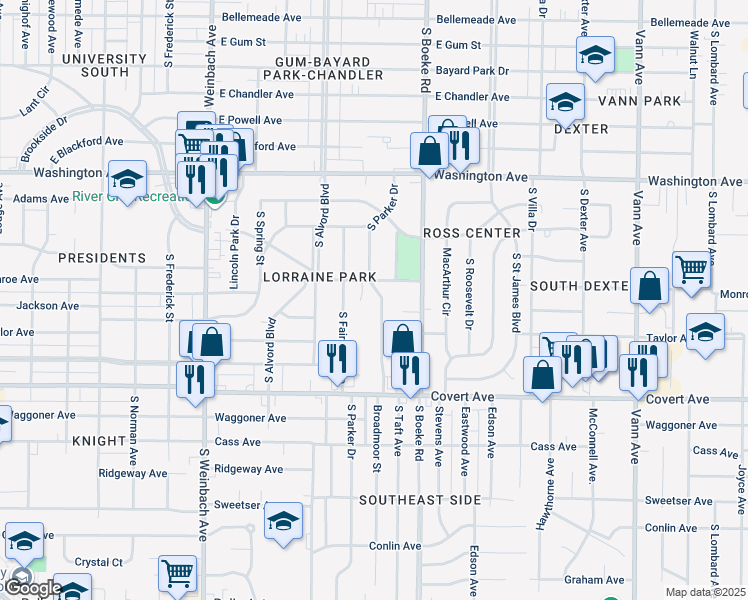 map of restaurants, bars, coffee shops, grocery stores, and more near 1221 South Taft Avenue in Evansville