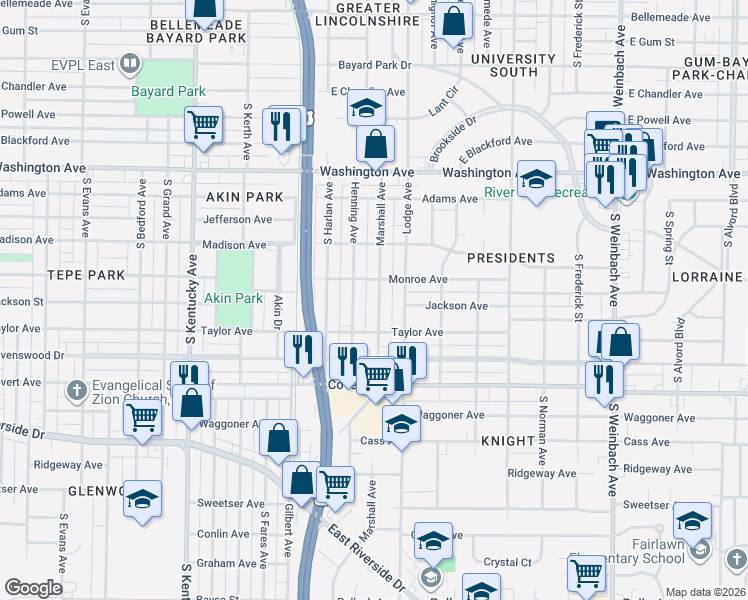 map of restaurants, bars, coffee shops, grocery stores, and more near 1301 Marshall Avenue in Evansville