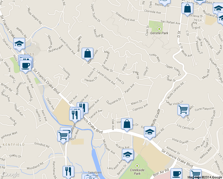 map of restaurants, bars, coffee shops, grocery stores, and more near 141 Laurel Grove Ave in Kentfield