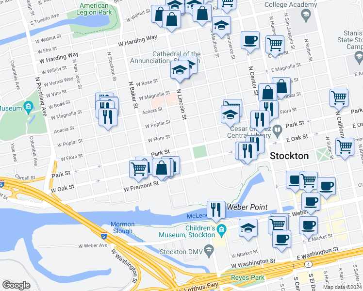 map of restaurants, bars, coffee shops, grocery stores, and more near 527 West Park Street in Stockton