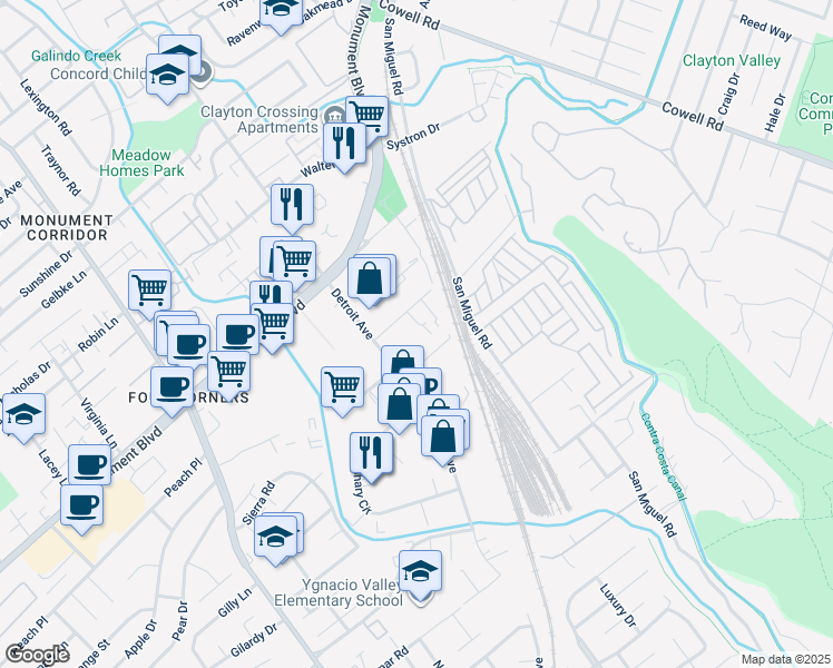 map of restaurants, bars, coffee shops, grocery stores, and more near 2650 Cloverdale Avenue in Concord