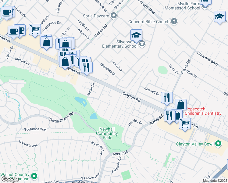 map of restaurants, bars, coffee shops, grocery stores, and more near 4888 Clayton Road in Concord