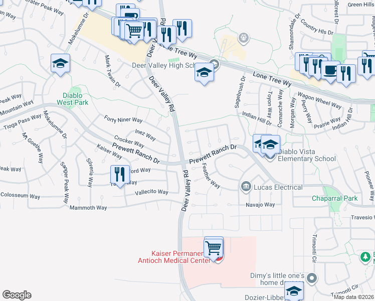 map of restaurants, bars, coffee shops, grocery stores, and more near 5012 Apache Court in Antioch