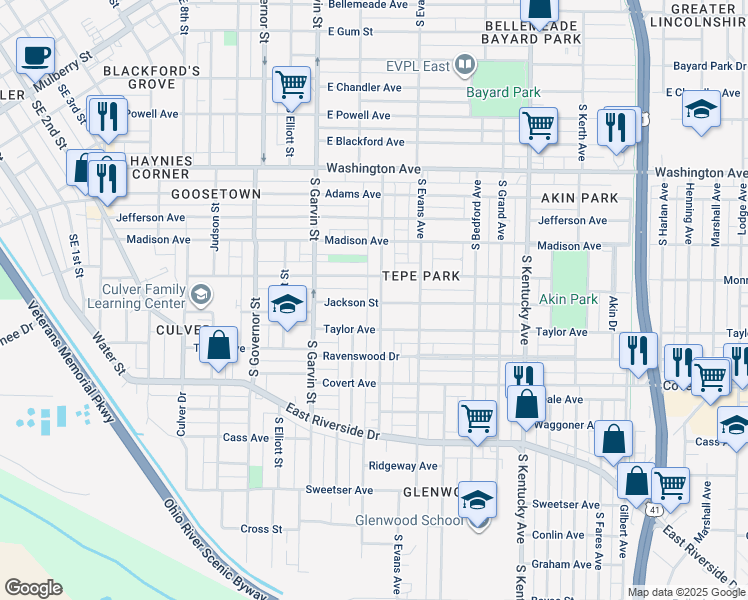 map of restaurants, bars, coffee shops, grocery stores, and more near in Evansville