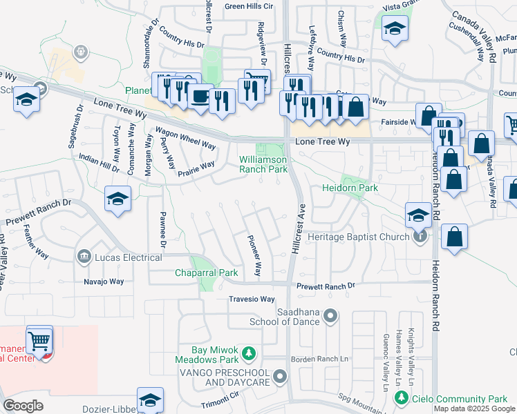 map of restaurants, bars, coffee shops, grocery stores, and more near 5115 Equestrian Court in Antioch