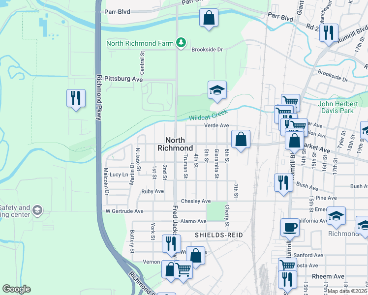 map of restaurants, bars, coffee shops, grocery stores, and more near 361 Market Avenue in Richmond