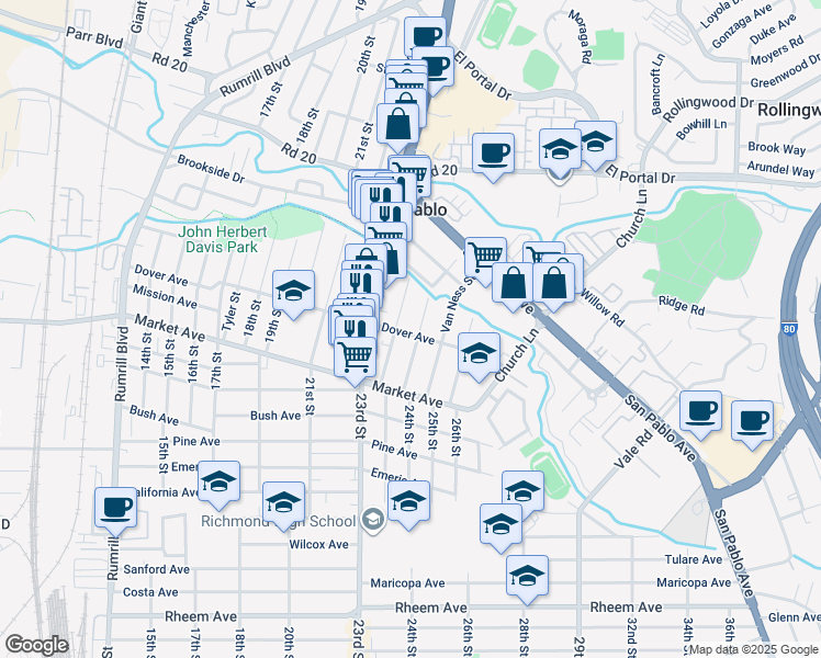 map of restaurants, bars, coffee shops, grocery stores, and more near 2367 Dover Avenue in San Pablo