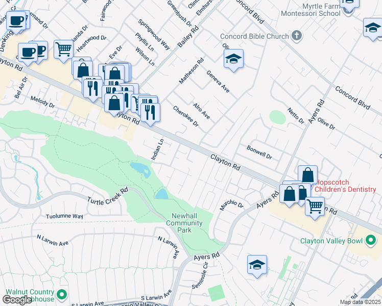 map of restaurants, bars, coffee shops, grocery stores, and more near 4888 Clayton Road in Concord