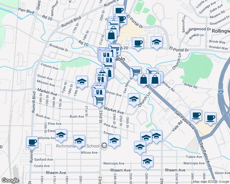 map of restaurants, bars, coffee shops, grocery stores, and more near 2367 Dover Avenue in San Pablo