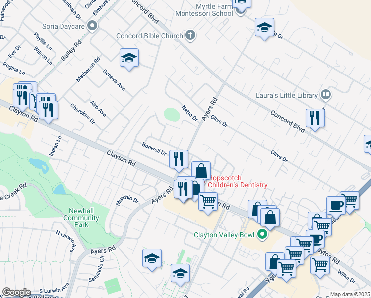 map of restaurants, bars, coffee shops, grocery stores, and more near 1555 Ayers Road in Concord