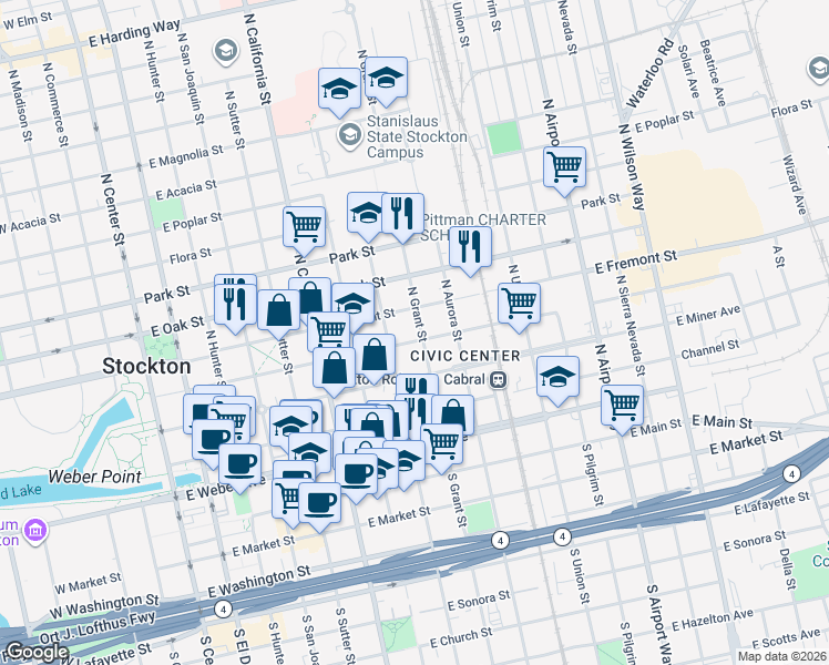map of restaurants, bars, coffee shops, grocery stores, and more near 728 East Fremont Street in Stockton