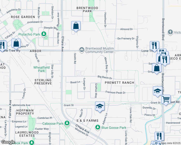 map of restaurants, bars, coffee shops, grocery stores, and more near 2449 Emerald Bay Drive in Brentwood