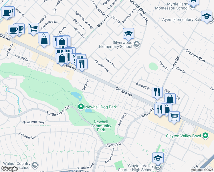 map of restaurants, bars, coffee shops, grocery stores, and more near 5002 Laverne Way in Concord