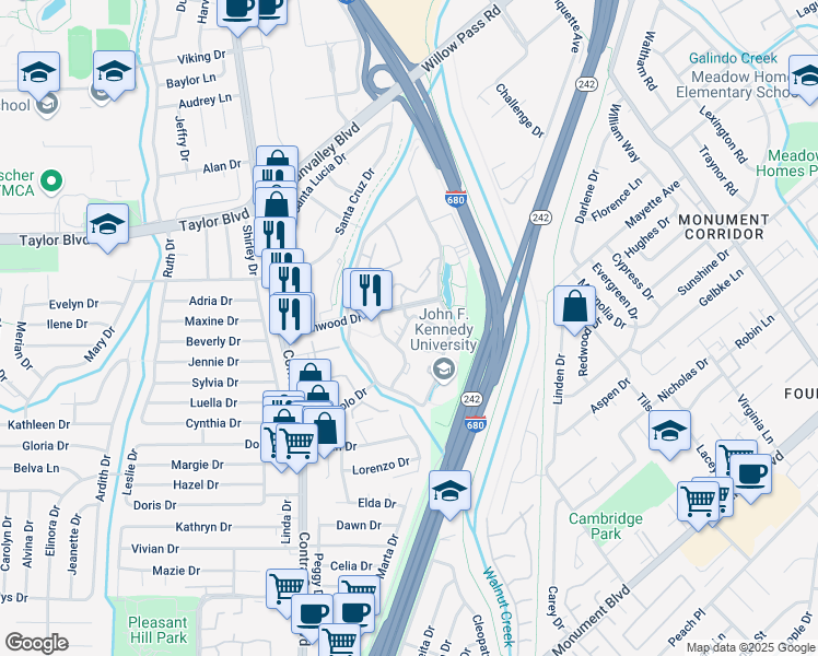 map of restaurants, bars, coffee shops, grocery stores, and more near 513 Stonebridge Court in Pleasant Hill