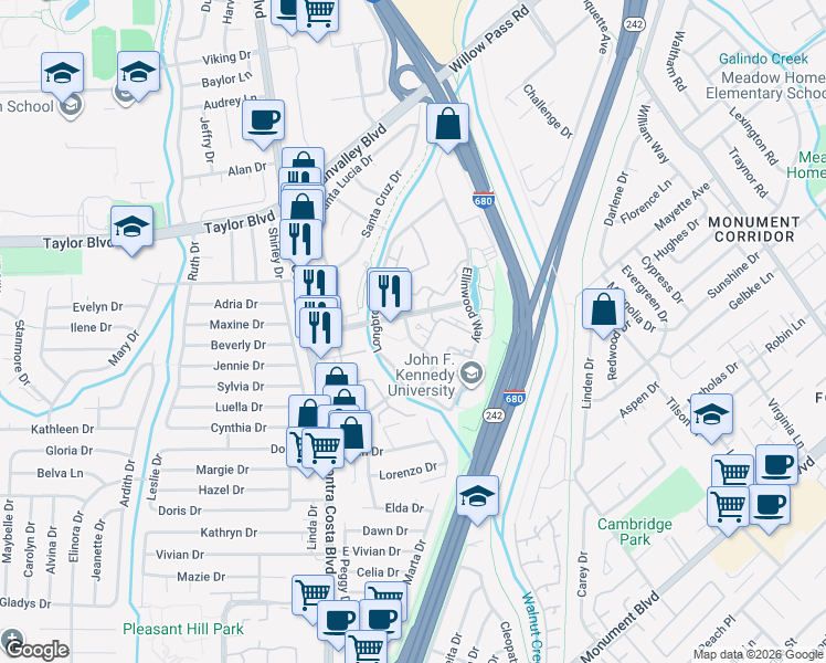 map of restaurants, bars, coffee shops, grocery stores, and more near 513 Stonebridge Court in Pleasant Hill