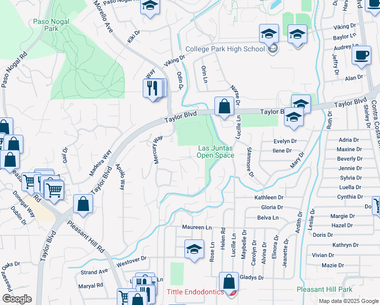 map of restaurants, bars, coffee shops, grocery stores, and more near 501 Tananger Heights Court in Pleasant Hill