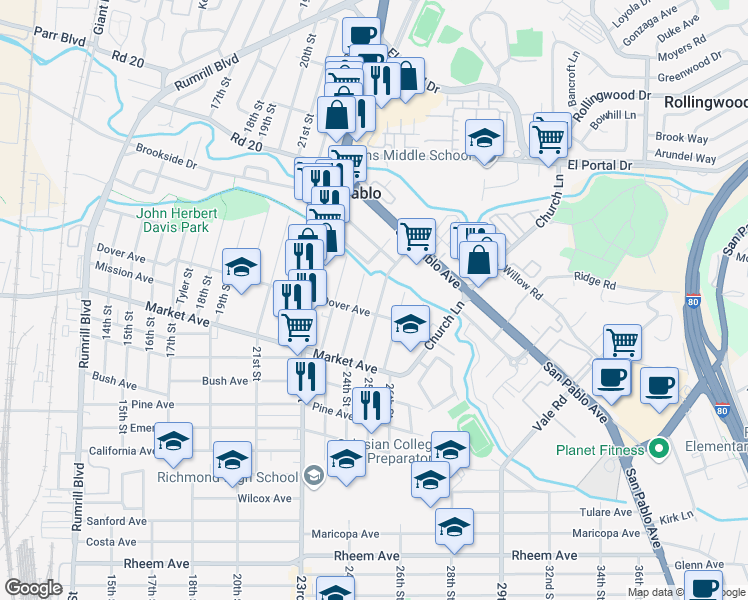 map of restaurants, bars, coffee shops, grocery stores, and more near 1968 Mason Street in San Pablo