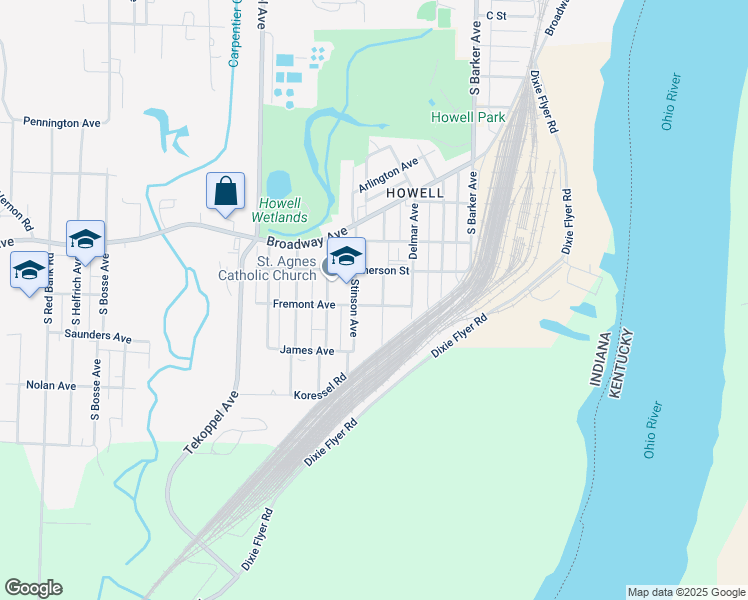 map of restaurants, bars, coffee shops, grocery stores, and more near 1612 Stinson Avenue in Evansville