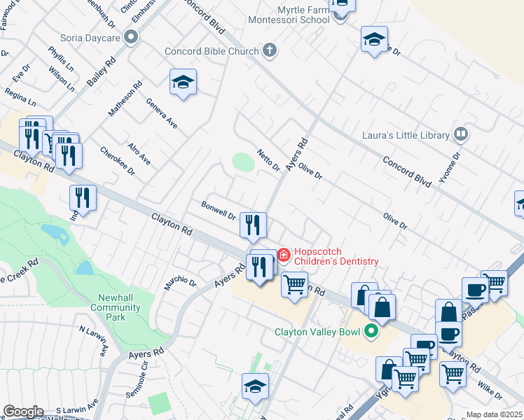 map of restaurants, bars, coffee shops, grocery stores, and more near 1555 Ayers Road in Concord