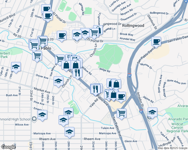 map of restaurants, bars, coffee shops, grocery stores, and more near 2919 Willow Road in San Pablo