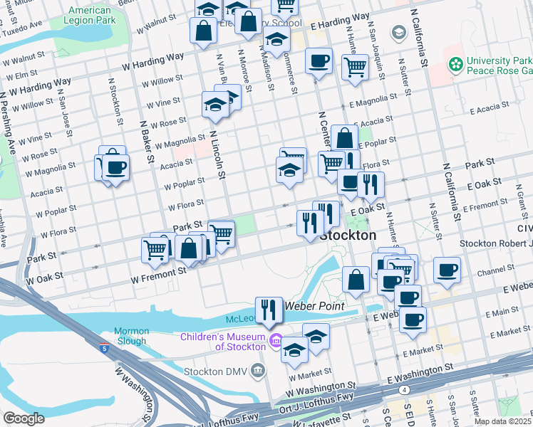 map of restaurants, bars, coffee shops, grocery stores, and more near in Stockton