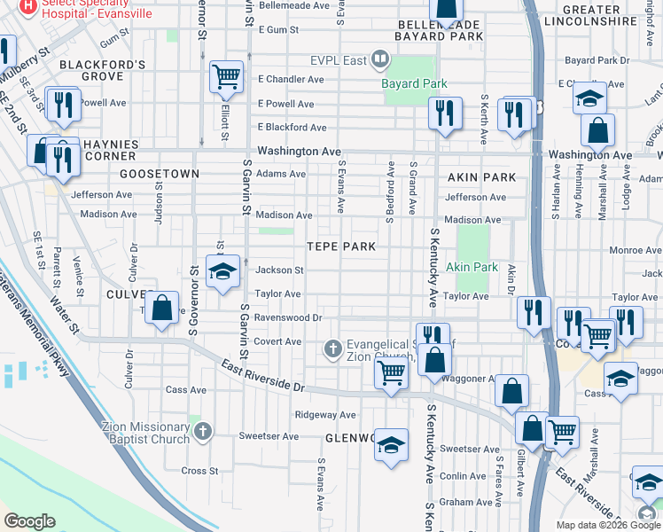 map of restaurants, bars, coffee shops, grocery stores, and more near 711 Monroe Avenue in Evansville
