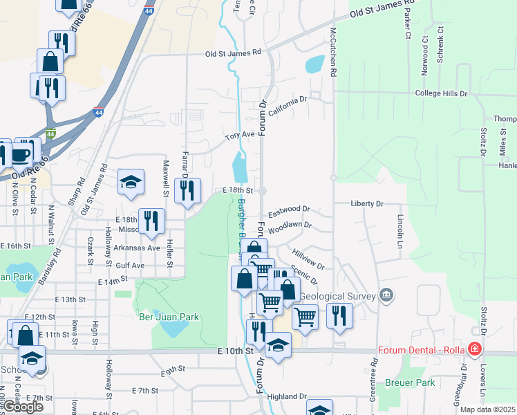 map of restaurants, bars, coffee shops, grocery stores, and more near 1713 Forum Drive in Rolla