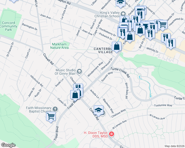 map of restaurants, bars, coffee shops, grocery stores, and more near 1275 Windermere Way in Concord