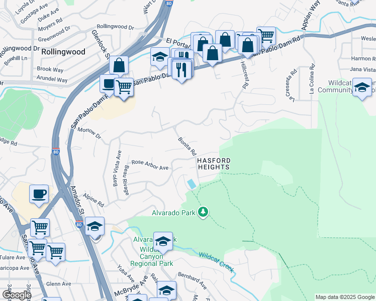 map of restaurants, bars, coffee shops, grocery stores, and more near 1806 Bonita Road in San Pablo