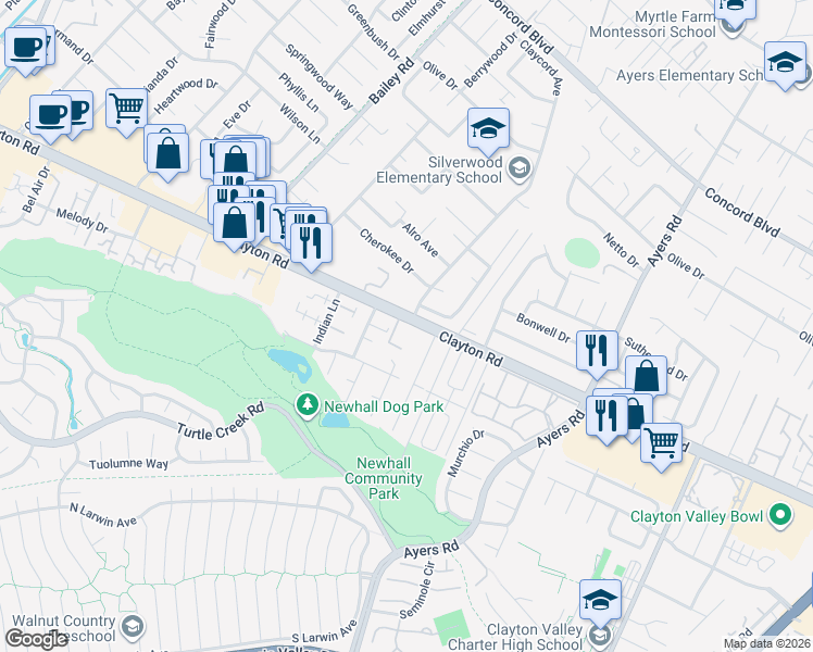 map of restaurants, bars, coffee shops, grocery stores, and more near 5002 Laverne Way in Concord
