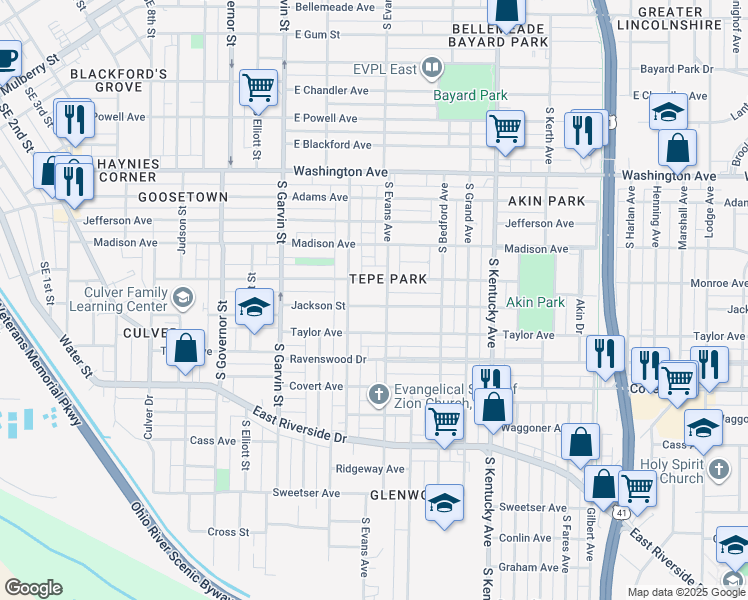 map of restaurants, bars, coffee shops, grocery stores, and more near 711 Monroe Avenue in Evansville