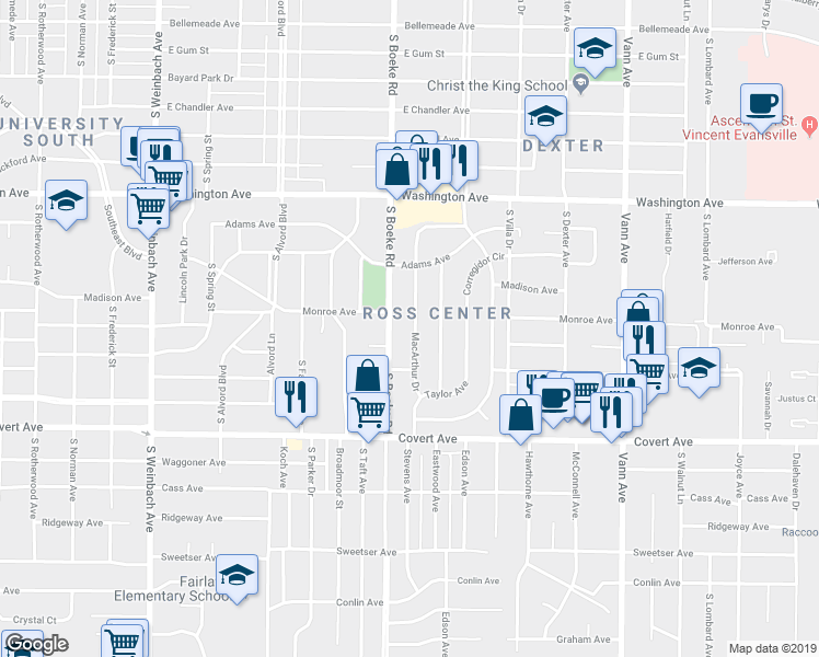 map of restaurants, bars, coffee shops, grocery stores, and more near 1305 Macarthur Drive in Evansville