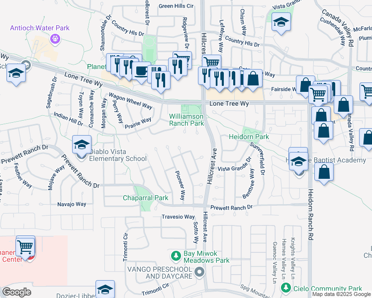 map of restaurants, bars, coffee shops, grocery stores, and more near 5209 Berrydale Way in Antioch