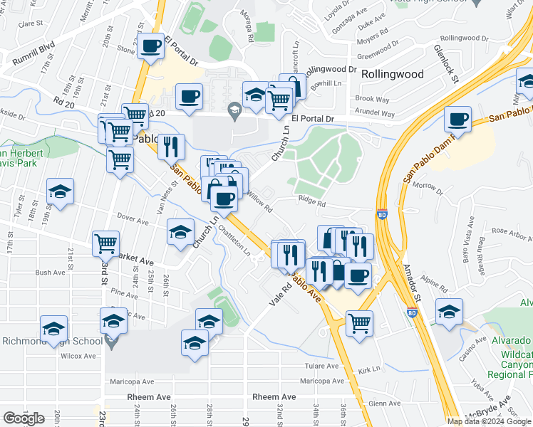 map of restaurants, bars, coffee shops, grocery stores, and more near 1004 Cedar Terrace in San Pablo