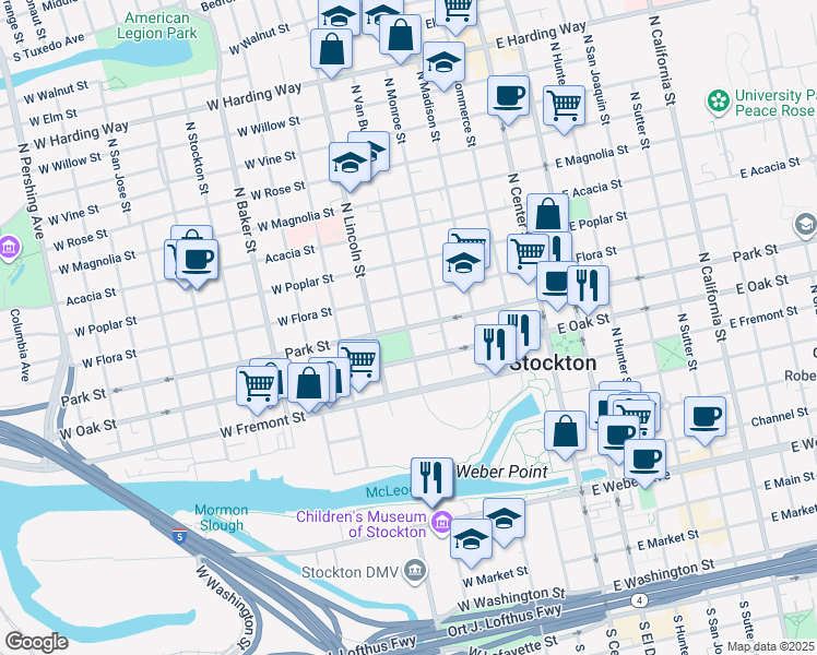 map of restaurants, bars, coffee shops, grocery stores, and more near 701 North Van Buren Street in Stockton