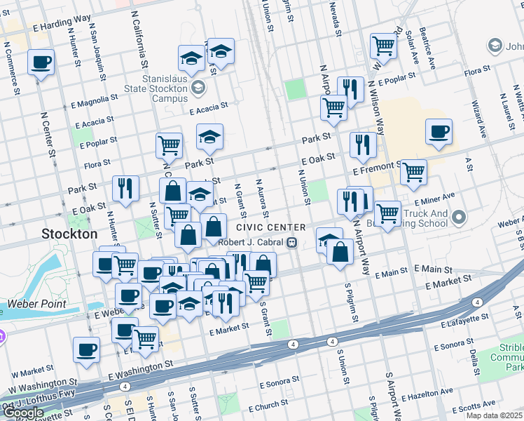 map of restaurants, bars, coffee shops, grocery stores, and more near 427 North Aurora Street in Stockton