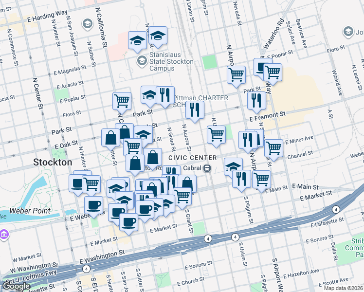 map of restaurants, bars, coffee shops, grocery stores, and more near 427 North Aurora Street in Stockton
